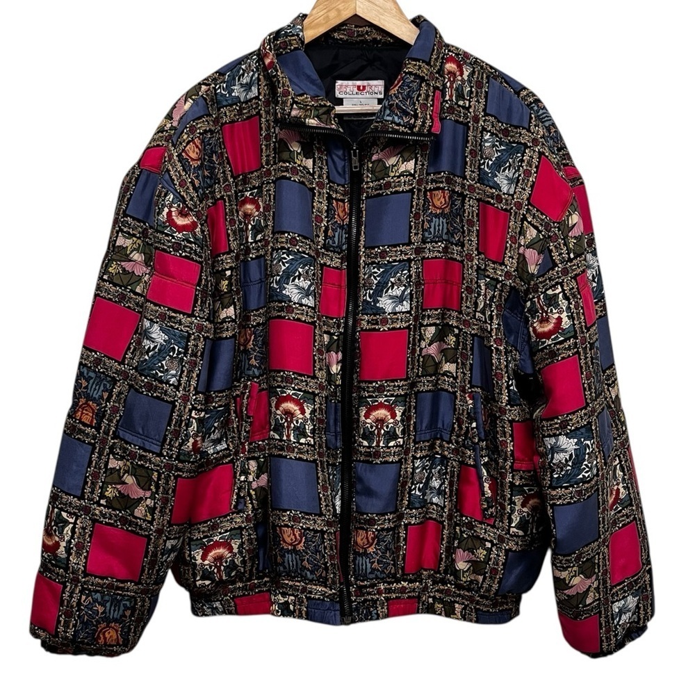 VINTAGE 100% Silk Puffer Coat By Stunt Collections Stain Glass Look Size Large